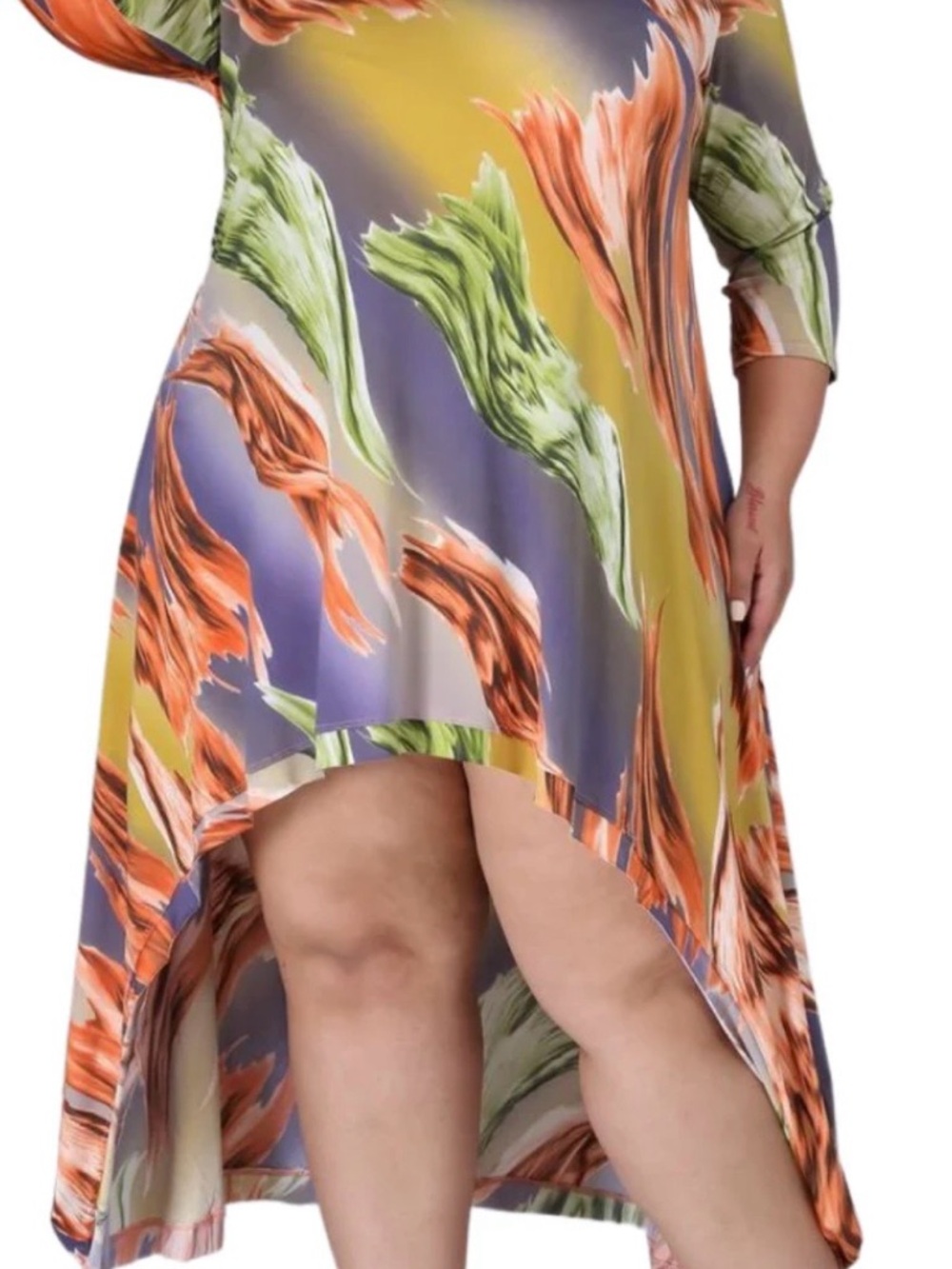Plus Size Hi-Low Floral Dress in Yellow, Purple & Green
